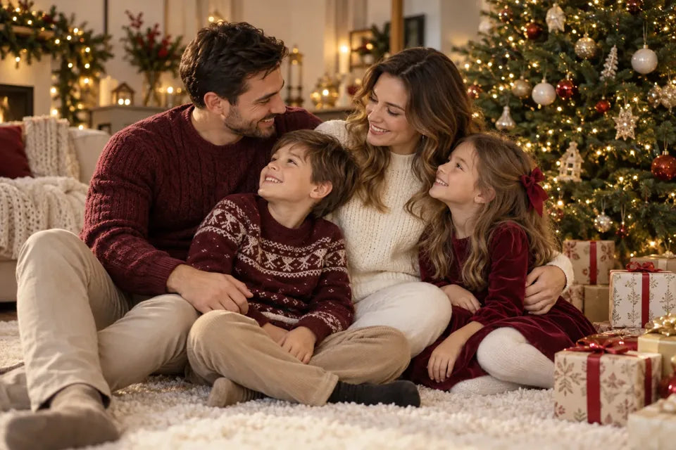 Familie împreună lângă bradul de Crăciun